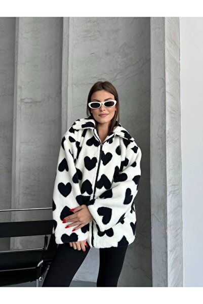 ae fashion Kadın Kalpli Kapüşonlu Oversize Peluş Mont