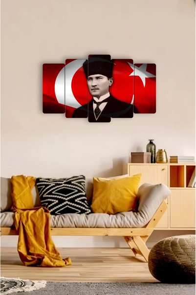 TABLOX Atam Atatürk Bayrak 5 Parçalı MDF Tablo Hediyelik Eşya