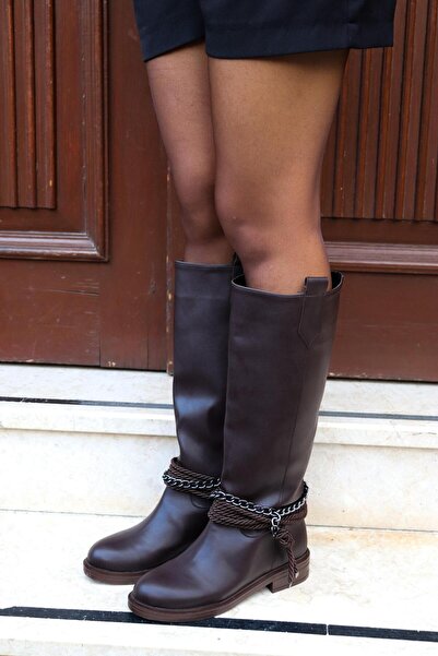 BeBeQ Store Flora Brown Leather Rope Buckle Detailed Flat Sole Women's Boots