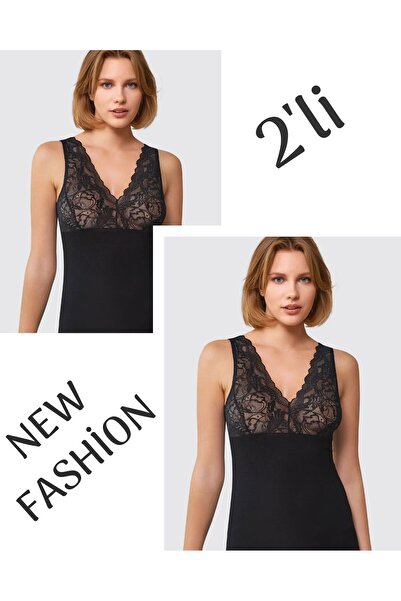 MYS GRUP TEKSTİL 2-Piece Thick Strap Lace Viscose Tank Top Berrak / 7015