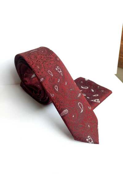 Kravatistan Burgundy Shawl Patterned Thin 5.5 cm Tie Handkerchief Set