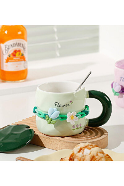 Dörtel Tedarik Tatlı Çiçekli Kahve Fincanı 380 ml Kapaklı ve Kaşıklı Seramik ...