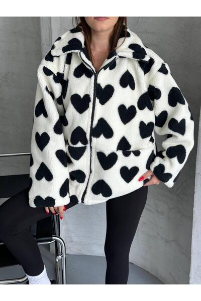 ae fashion Kadın Kalpli Kapüşonlu Oversize Peluş Mont