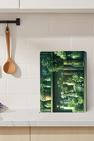 kutuTR Green Plants and Books Themed Tempered Glass Cutting Board 21X30 cm Uv...