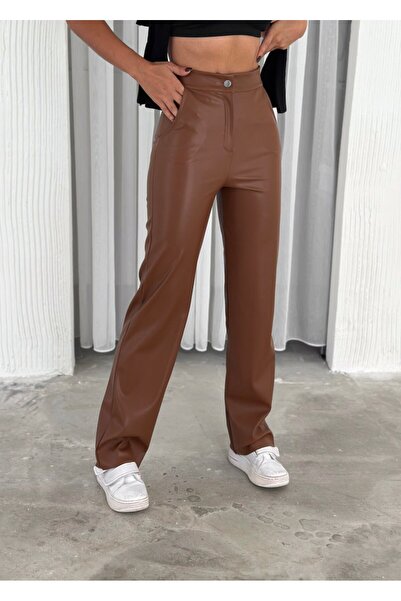 aselon Women's Synthetic Leather Palazzo Pants with Wide Legs and Fleece Insi...