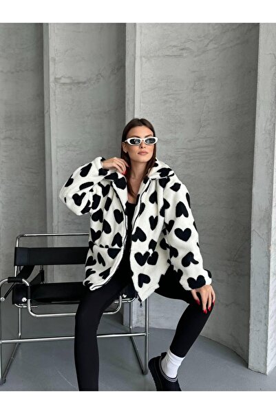 ae fashion Kadın Kalpli Kapüşonlu Oversize Peluş Mont
