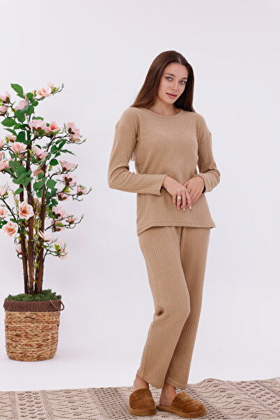 Yulem Homewear Beige Interlock K Ribbed Knit F Corded Fabric Fabric Long Sleeve Pajama Set