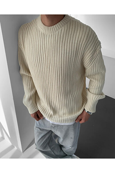 NO1 KONSEPT Πλεκτό πουλόβερ με λαιμόκοψη σε μπεζ χρώμα κοτλέ