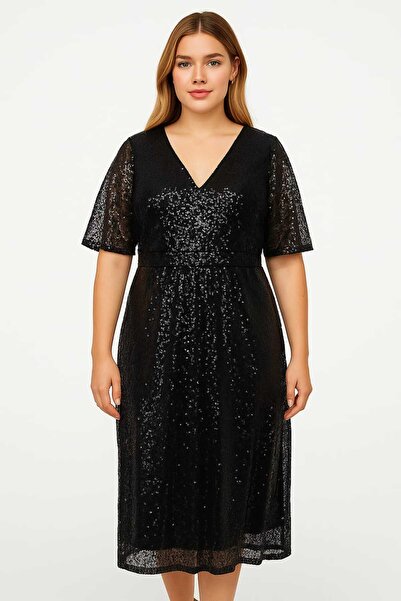 Şans Kadın Büyük Beden Siyah, Pul Payet İşli, Bel Lastik Detaylı, V Yaka Abiye Elbise 65N39200