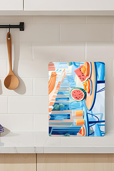 kutuTR Mediterranean Breakfast Themed Tempered Glass Cutting Board 21X30 cm U...