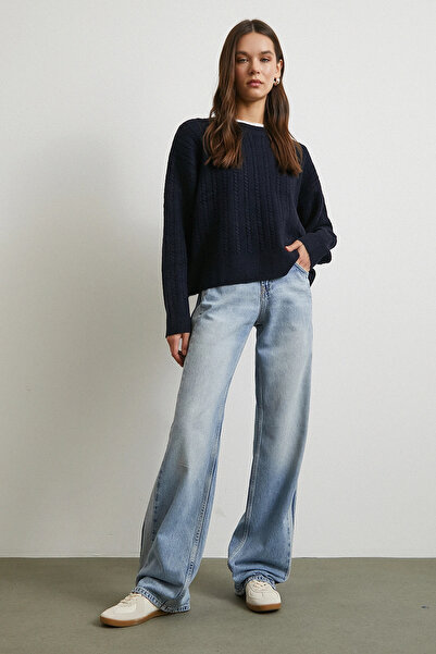 Never more High Waist Striped Detail Pipe Leg Jeans Blue