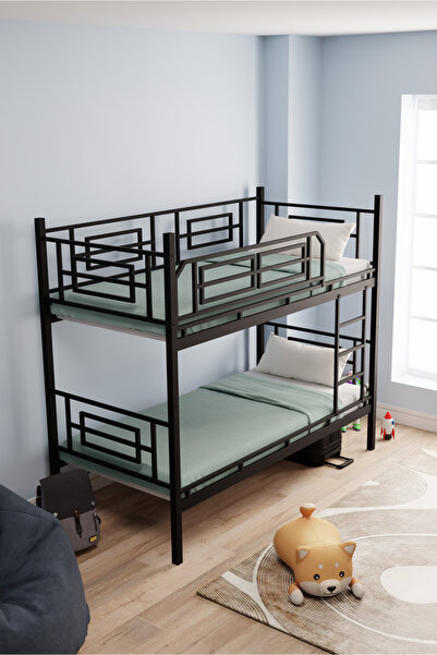 MOBLAY Defne Genç Çocuk Yatak Odası Metal Ranza Ve Karyola 90x200 Siyah