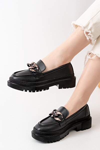 asmi shoes Γυναικεία παπούτσια Somo Black Skin με χοντρή πόρπη Loafer Μαύρα