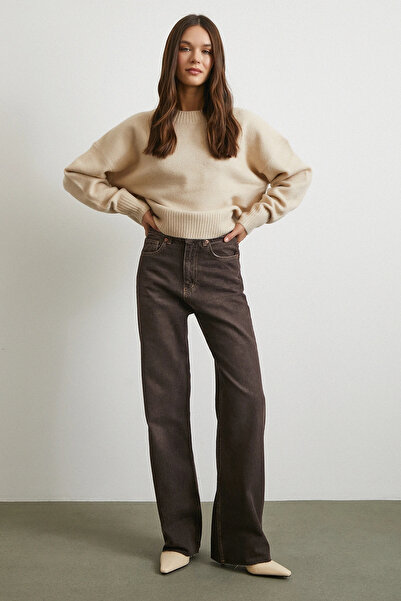 Never more Yüksek Bel Beş Cepli Kesik Paça Jean Kahve