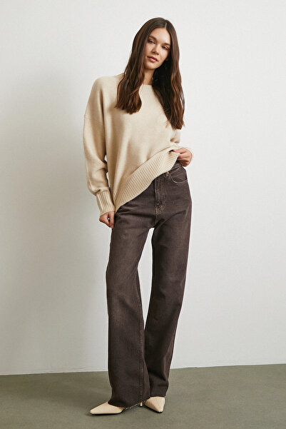 Never more Yüksek Bel Beş Cepli Kesik Paça Jean Kahve