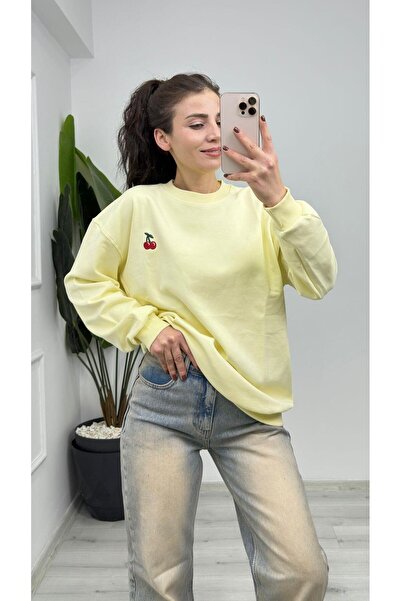 TUNAM BUTİK 8190 Cherry Embroidered Patterned Sweat Yellow