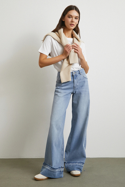 Never more Paçası Katlamalı Geniş Paça Jean Buz Mavisi