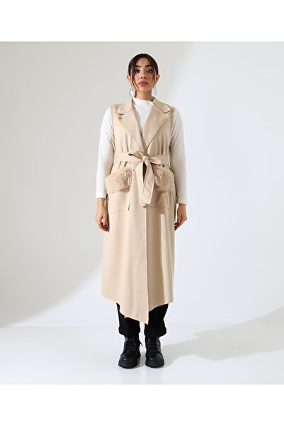 Fi'l Arz Fashion Women's Fur Detail Double Pocket Long Vest