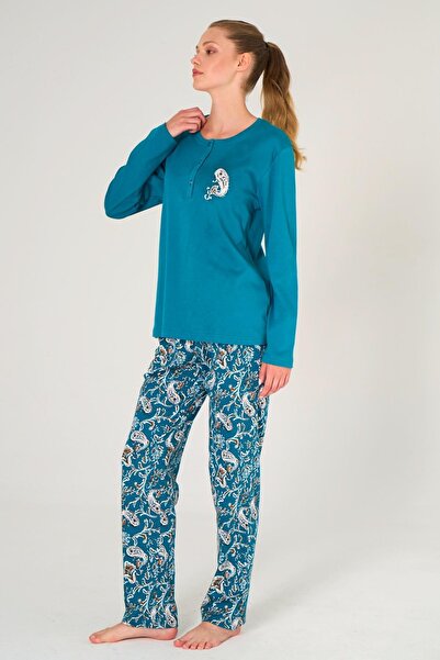 PİJAPİA Kadın Mavi %100 Pamuk Uzun Kollu Pijama Takımı Rahat Kalıp