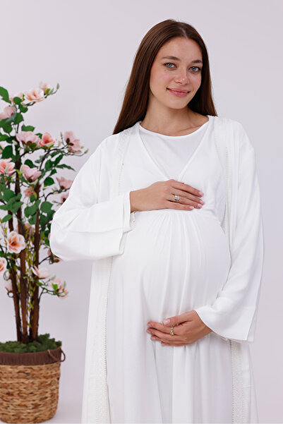 Yulem Homewear Ekru Kruvaze Dantel Şeritli Pamuklu Uzun Kol Lohusa Hamile Gec...