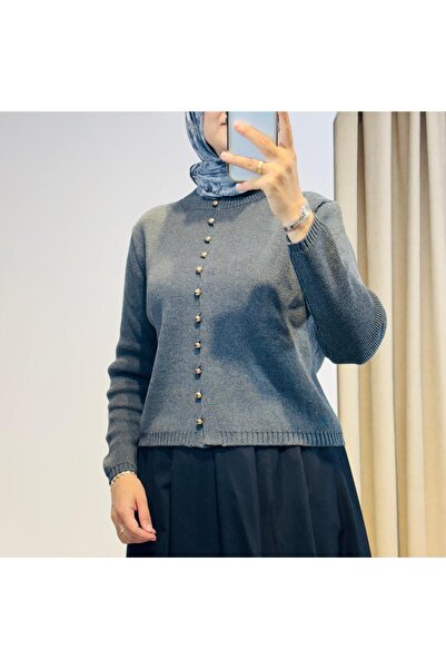 QVARS BUTİK Td Loren Metal Buttoned Knitwear Cardigan Gray