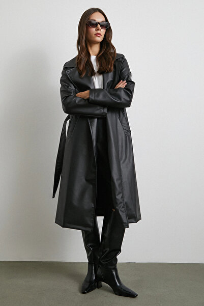 Never more Kuşaklı Deri Pardesü Siyah