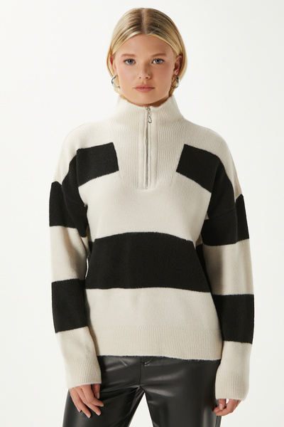 Ritnice Pulover de tricotat pentru femei, cu textura moale, cu guler polo, cu fermoar, negru, cu dungi, TZ00424