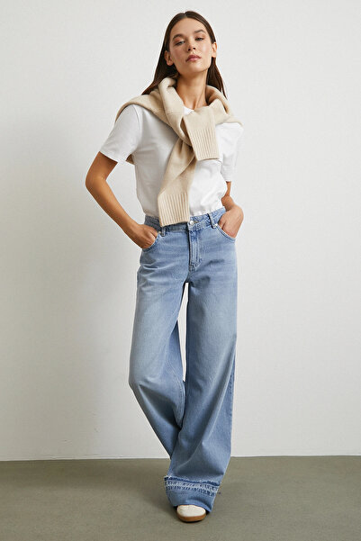Never more Paçası Katlamalı Geniş Paça Jean Buz Mavisi