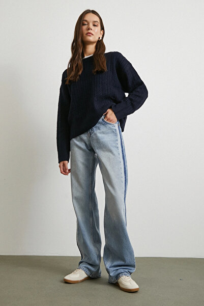 Never more High Waist Striped Detail Pipe Leg Jeans Blue