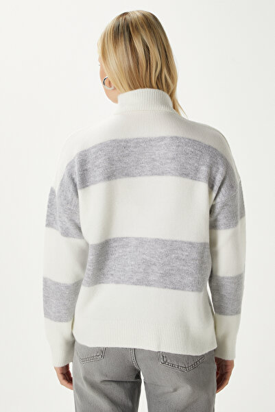 Ritnice Women's High Soft Texture Polo Neck Zippered Stone Gray Striped Knitwear Sweater