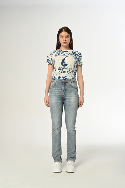 MINCHETTO Straight Kadın Açık Mavi Rigid Normal Bel 5 Cep Denim Jean Kot Pant...