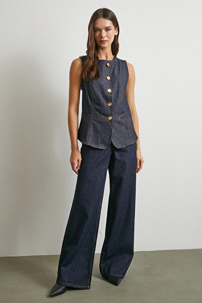 Never more Велосипедний комір Металеві ґудзики Джинсовий жилет Синій
