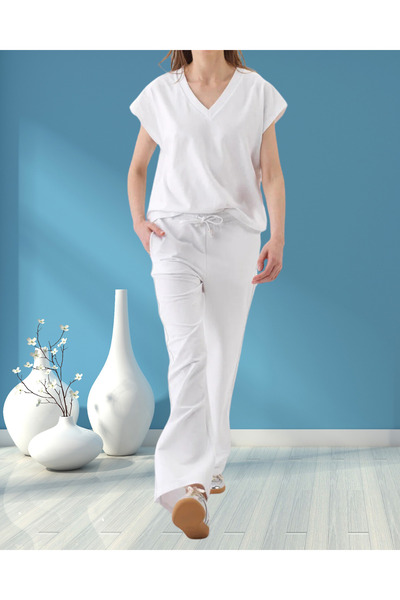 MinervaXint Women's Oversized Stretchy Cotton Sweat Pants with Textured Sides and Side Pockets and Lace-Up Waist