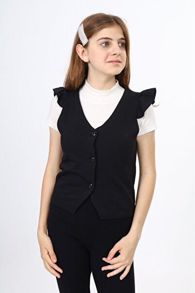 Toontoy Black Girls' Ruffle Detailed Buttoned V-Neck Blazer School Vest - Unl...