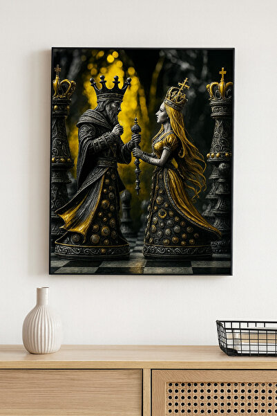 BLT DİZAYN Tablou din sticlă cu temă rege și regină auriu și negru – Decor elegant în stil șah