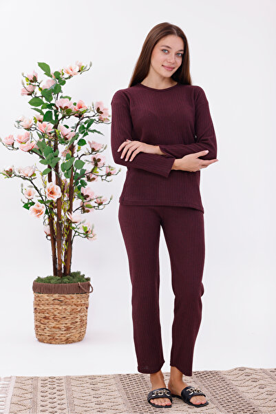 Yulem Homewear Claret Red Interlock K Ribbed Knit F Corded Fabric Fabric Long Sleeve Pajama Set