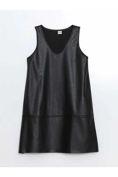 LC Waikiki LCW Kids Siyah V Yaka Deri Görünümlü Kız Çocuk Elbise