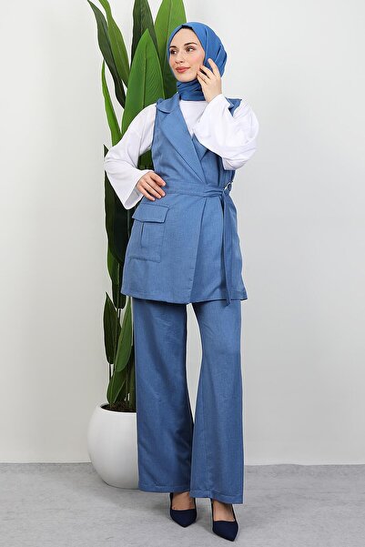 GİYZAMİLA Single Pocket Double-Breasted Collar Suit Indigo