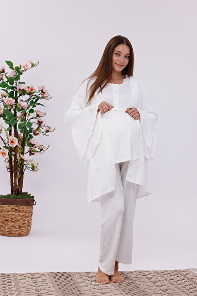 Yulem Homewear طقم بيجامة للحوامل من القطن بأكمام طويلة مزينة بالدانتيل والجاكار بلون الكريم مكون من 3 قطع