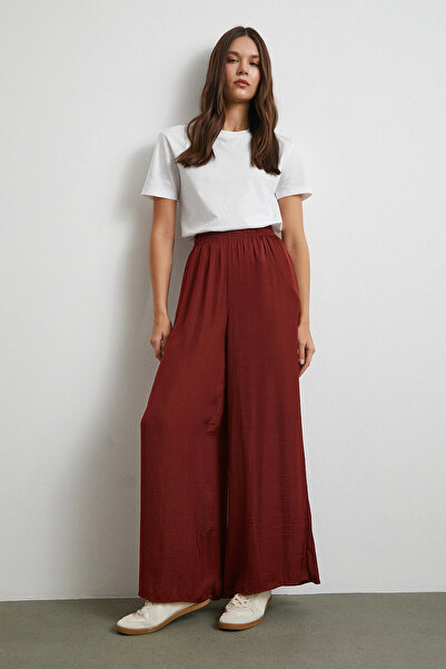 Never more Elastic Waist Flowy Wide Leg Pants Brown