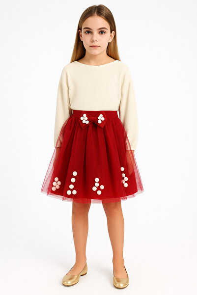 ESİLA KİDS Girl's Skirt Stylish Skirt in Red Color with Pompoms