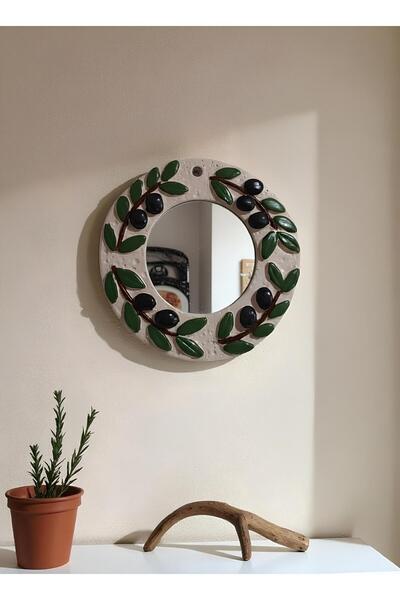 Grimsi Zeytin Dalı Desenli El Yapımı Polyester Duvar Aynası – 20 cm Dekoratif Ayna