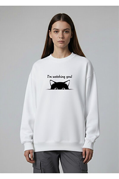 LORVEX سويت شيرت نسائي ذو رقبة دائرية قصة فضفاضة باللون الأبيض I'M WATCHING Y...