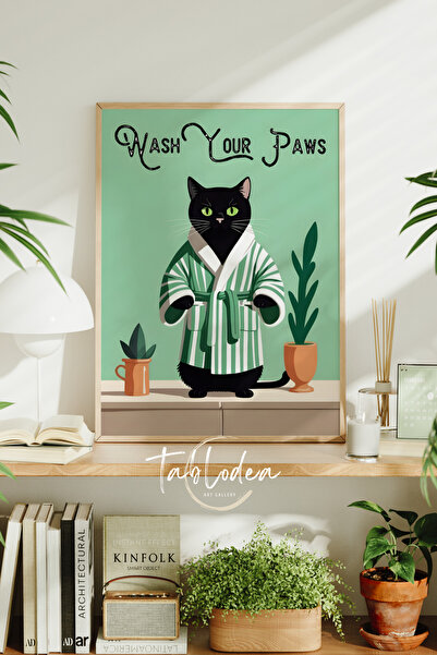 tablodea Poster cu text „Spălați-vă lăbuțele” și model cu pisici, tablou înră...