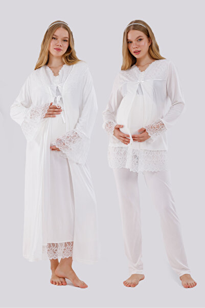 Yulem Homewear Ecru Special Lace Design Cotton Maternity Pajamas Set and Nightgown 4-Piece Set