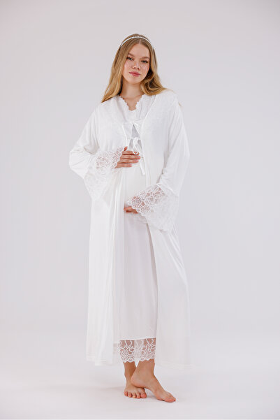 Yulem Homewear Ecru Special Lace Design Cotton Maternity Pajamas Set and Nightgown 4-Piece Set