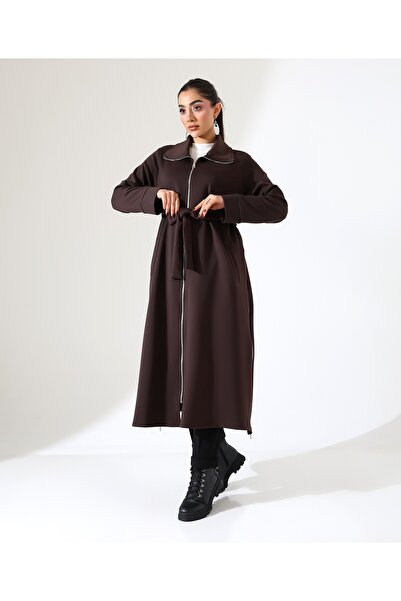 Fi'l Arz Fashion Women's Zipper Closure Slit Detail Long Cardigan