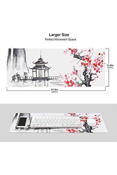 Generic Gaming mouse pad — Japanese cherry blossom print, XL desk mat 31.5×11.8 in, stitched edges, non-s