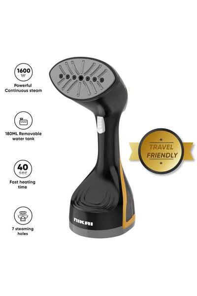 Nikai جهاز كي الملابس بالبخار المحمول بقوة 1600 واط NGS77H (أسود/فضي، 180 مل)