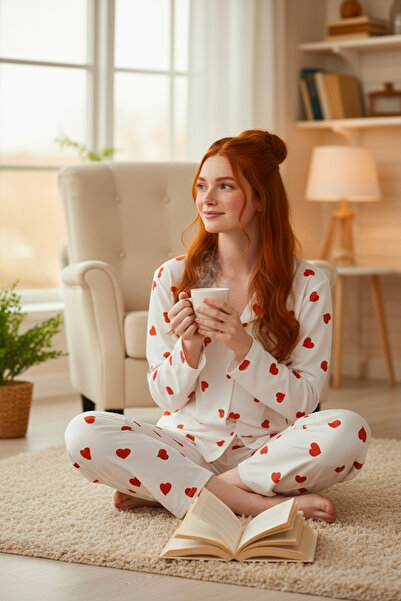 Bravie Suede Shirt Pajama Set 7101 Heart Red